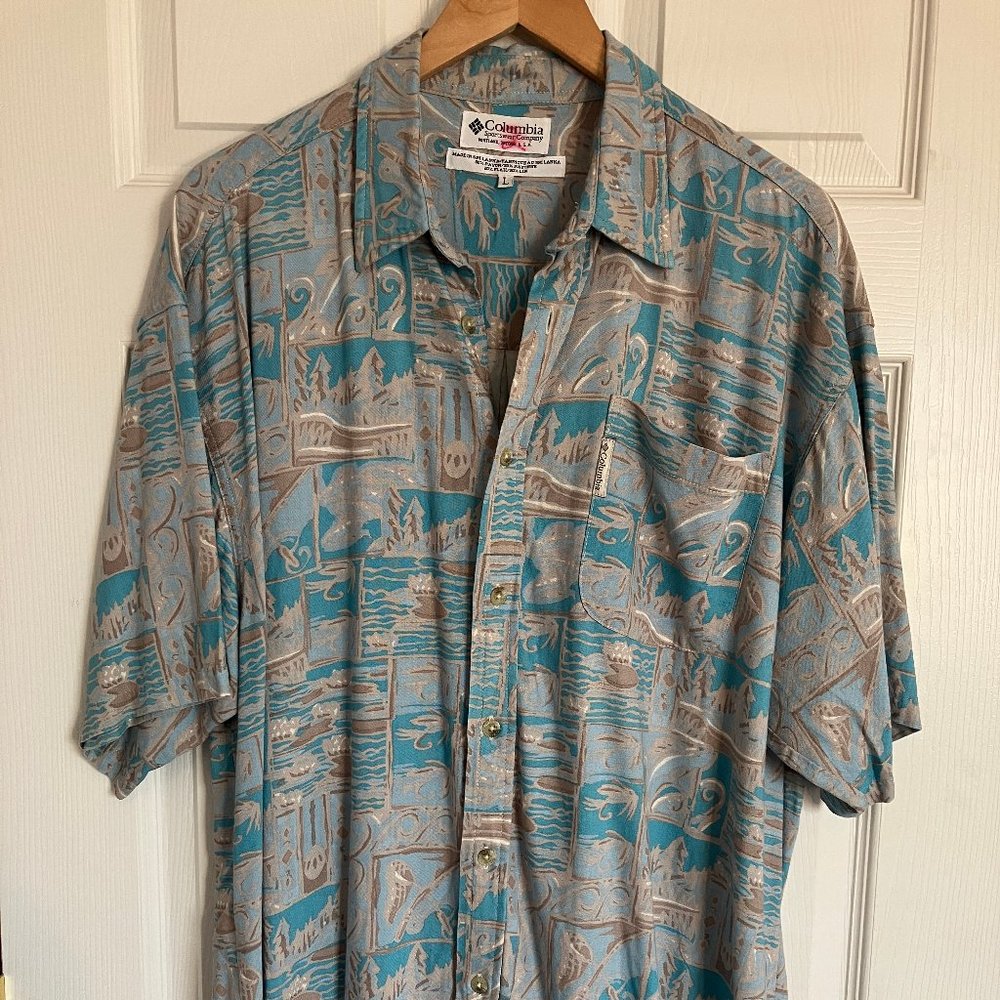 Men's Columbia Sportswear Short Sleeve Button Down Shirt Sz Large Fishing Print
